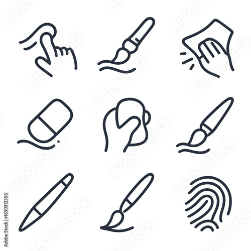 Smudge Tool Icons. Outline icon set of smudge tools and actions: finger smudging, brush smudge, cloth wiping, eraser, sponge,