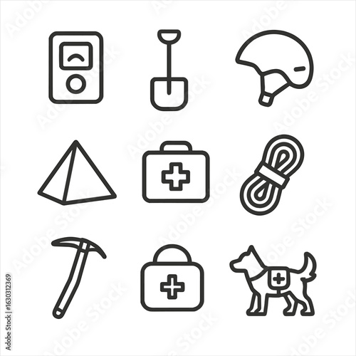 Snow Safety Icon Set. Outline icon set of snow safety equipment: avalanche beacon, snow shovel, snow helmet, emergency kit,
