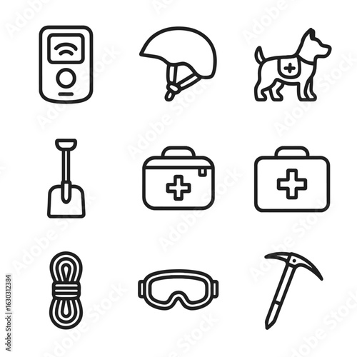 Snow Sports Safety Icons. Outline icon set of snow sports safety: avalanche beacon, snow helmet, rescue dog, emergency shovel,