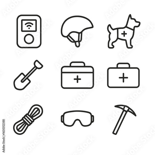Snow Sports Safety Icons. Outline icon set of snow sports safety: avalanche beacon, snow helmet, rescue dog, emergency shovel,