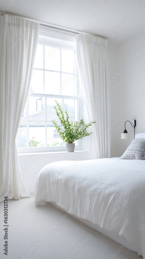 Fototapeta premium White bedroom with a large window and white linen bedding.