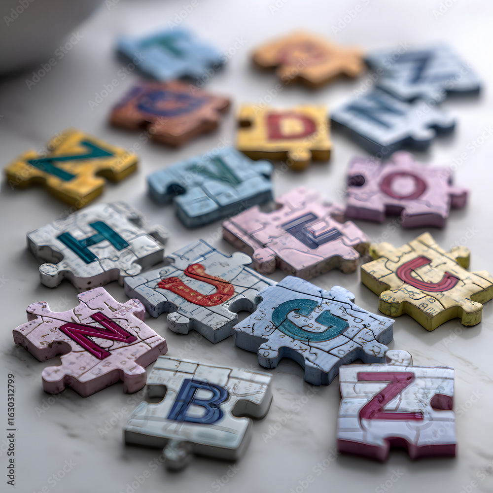 Obraz premium Colorful Puzzle Pieces with Letters on White Marbled Surface