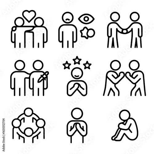 Social Feelings Icon Set. Outline icon set of social feelings: friendship, jealousy, trust, betrayal, admiration, rivalry,