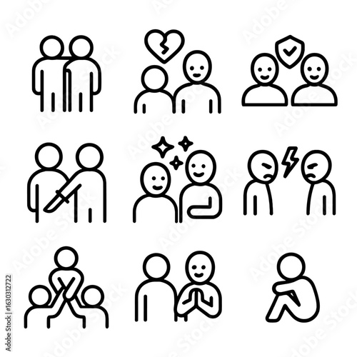 Social Feelings Icon Set. Outline icon set of social feelings: friendship, jealousy, trust, betrayal, admiration, rivalry,