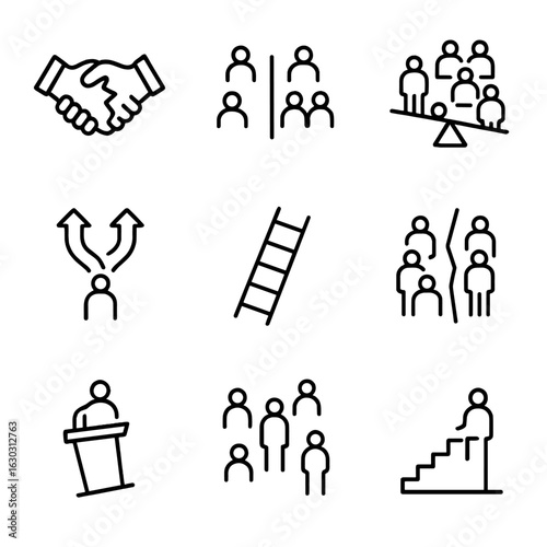 Social Imbalance Icons. Outline icon set of social imbalance: broken handshake, separated groups, lopsided crowd, divided path,