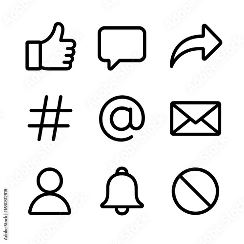 Social Media Icons. Outline icon set of social media and communication signs: like, comment, share, hashtag, mention, message,