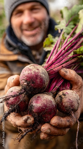Close-up of rough farmer hands holding beets