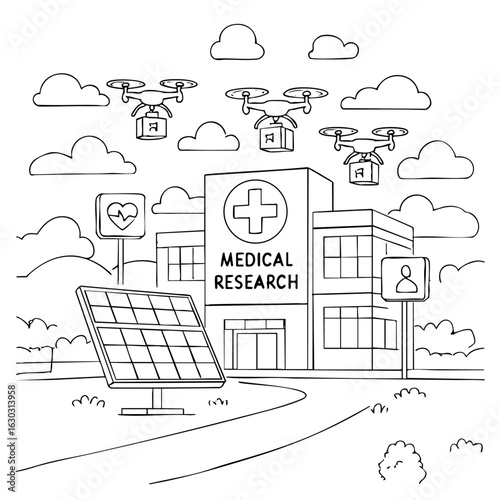 Coloring page of a futuristic medical research center with solar panels, drones delivering medicine, and digital health signs – simple outline
