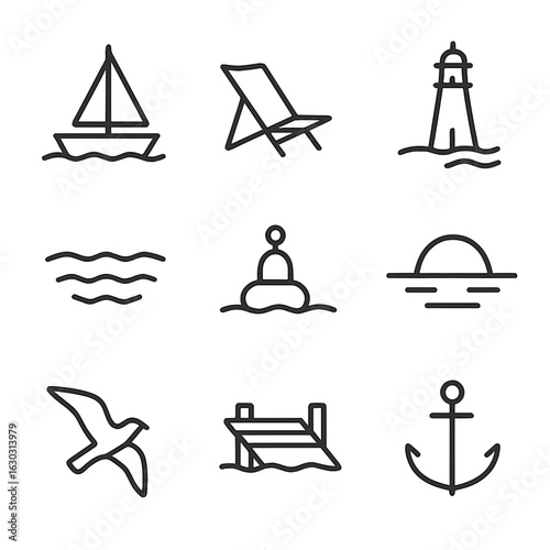 Solitude at Sea Icons. Outline icon set of solitude at sea: lone sailboat on water, empty deck chair outline, distant lighthouse