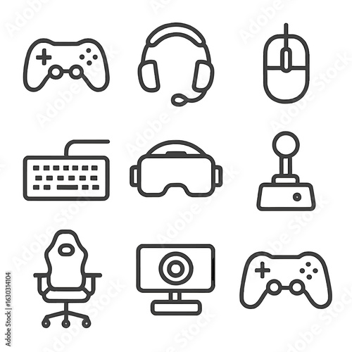 Solo Gaming Icons. Outline icon set of solo gaming: game controller, headset, computer mouse, keyboard, VR headset, joystick,