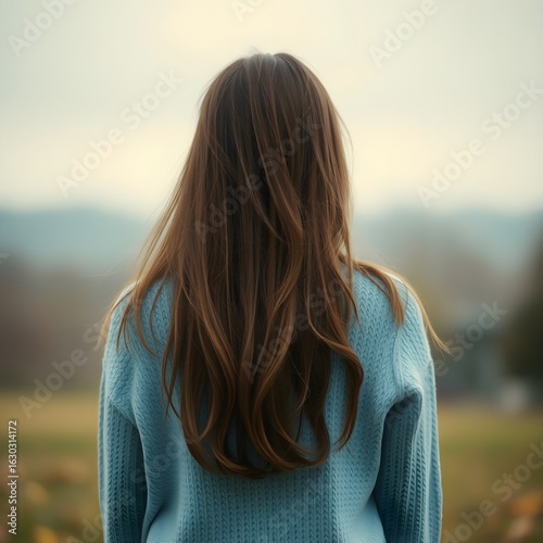 흐린 날씨에 공원 정원을 바라보고 서있는 하늘색 니트를 입은 긴 생머리의 여자 뒷모습The back of a woman with long straight hair in a sky blue knit standing looking at the park garden in cloudy weather