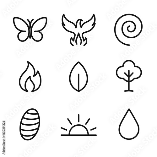 Soul Activity Icon Set. Outline icon set of soul activities: meditation, prayer, chanting, journaling, yoga, breathing, silence,