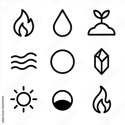 Soul Element Icons. Outline icon set of soul elements: fire, water, earth, air, ether, crystal, light, shadow, flame. Line icons