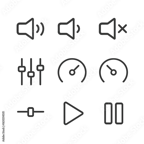 Sound Control Icons. Outline icon set of sound controls: volume up, volume down, mute, equalizer sliders, bass boost, treble