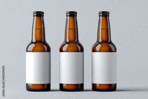 Three amber beer bottles with blank labels