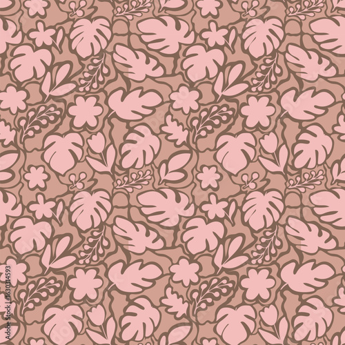 seamless floral pattern pink flowers and leaves on brown background. hand-drawn flora design, perfect for fabric , wallpapers, stationery and soft decor elements.