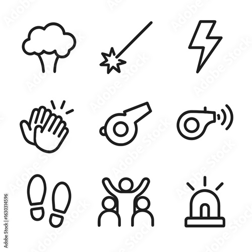 Sound Effects Icons. Outline icon set of sound effects types: explosion, laser beam, thunder, clap, whistle, beep, footsteps,