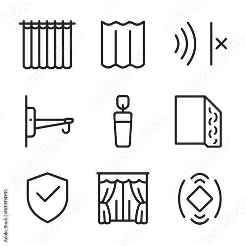 Soundproof Curtain Icons. Outline icon set of soundproof curtains: acoustic drape panel, heavy fabric fold, sound wave blocked
