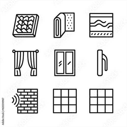 Soundproofing Material Icons. Outline icon set of soundproofing materials: acoustic foam, insulation panel, noise barrier,