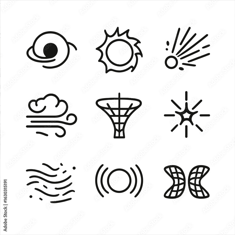 Fototapeta premium Space Icons Set. Outline icon set of space forces: black hole, solar flare, cosmic rays, gravity well, nebula winds, radiation