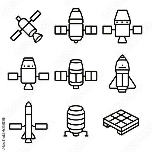 Space Icons Collection. Outline icon set of resupply vehicles: Progress freighter, ATV cargo, HTV transfer, Dragon cargo, Cygnus