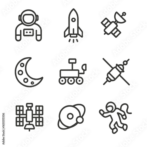 Space Exploration Icons. Outline icon set of space exploration: astronaut, rocket launch, satellite, moon, Mars rover, space probe