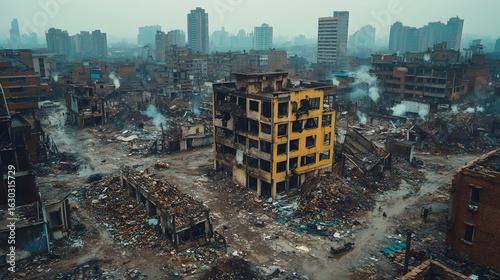 Post-apocalyptic cityscape featuring extensive damage and destruction. A haunting Disaster Background with rubble, smoke, and ruined buildings evokes bleakness and desolation. Evokes resilience.