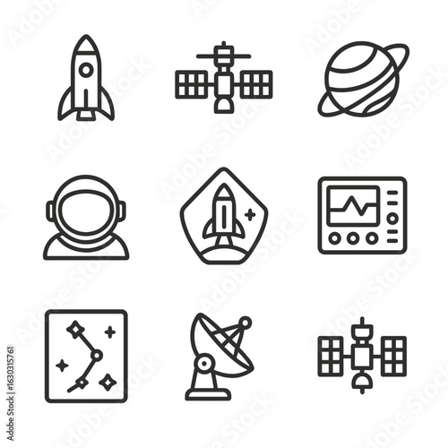 Space Mission Icons. Outline icon set of space mission brief: rocket, space station, planet, satellite, astronaut helmet, mission