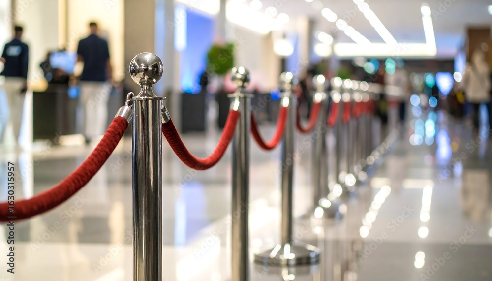 Fototapeta premium Crimson Rope Barrier Guiding Guests in a Sophisticated Venue, Maintaining Order