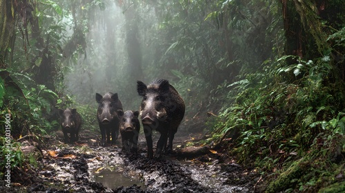 A wild boar family crossing a muddy trail