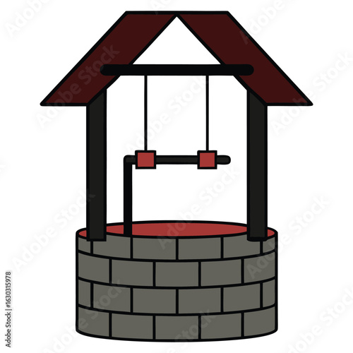 Vector art of simple cartoon drawing of a traditional stone well with a wooden roof and crank mechanism