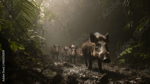 A wild boar family crossing a muddy trail