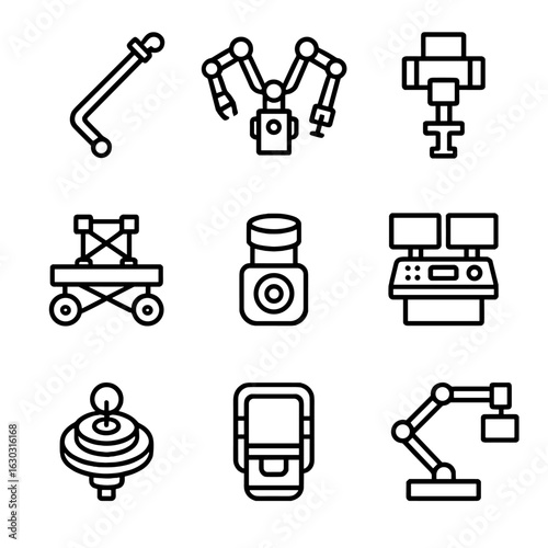 Space Robotics Icons. Outline icon set of robotics operations: Canadarm2, Dextre robot, Latching End Effector, Mobile Base System,