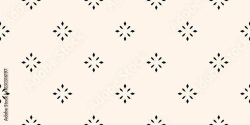 Luxury black and white minimalist background. Vector geometric seamless pattern with diamond shapes, stars, flowers. Elegant modern shiny abstract texture. Simple minimal monochrome repeated design