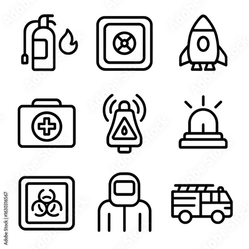 Spaceport Emergency Icons. Outline icon set of spaceport emergencies: fire suppression, emergency hatch, escape vehicle, first aid