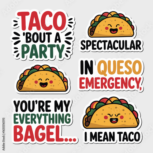 Vector illustration of Taco Party Stickers: Fun Taco Quotes and Designs