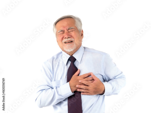 Asian senior man suffering from chest pain and heart attack, elderly male in formal shirt and tie holding chest with painful expression isolated on a transparent background, health problem in aging