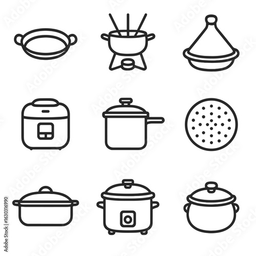 Specialty Cookware Icons. Outline icon set of specialty cookware: paella pan, fondue pot, tagine, rice cooker, pressure cooker,