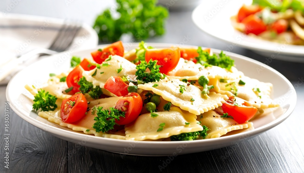 Delicious ravioli pasta with tomatoes and parsley on a white plate display Delicious ravioli pasta with tomatoes and parsley on a white plate display