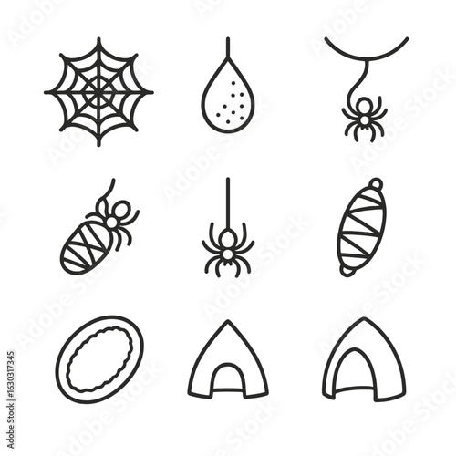 Spider Silk Uses Icons. Outline icon set of spider silk uses: web trap, egg sac, dragline, ballooning silk, wrapping prey, safety