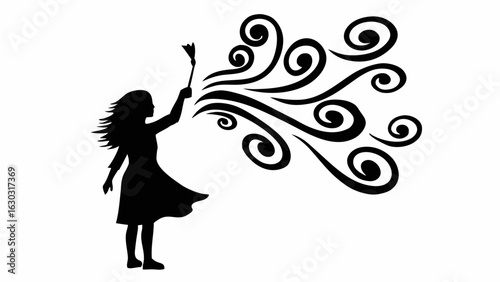 Silhouette of a girl holding a wand with swirling smoke or wind emanating from it on a white background