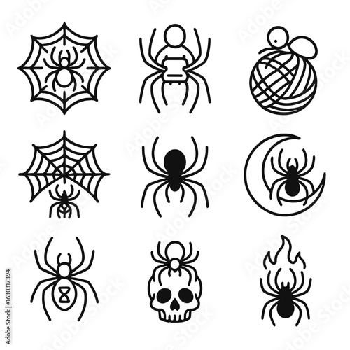 Spider Symbolism Icons. Outline icon set of spider mythology and symbolism: spider web trap, spider as creator, spider weaving
