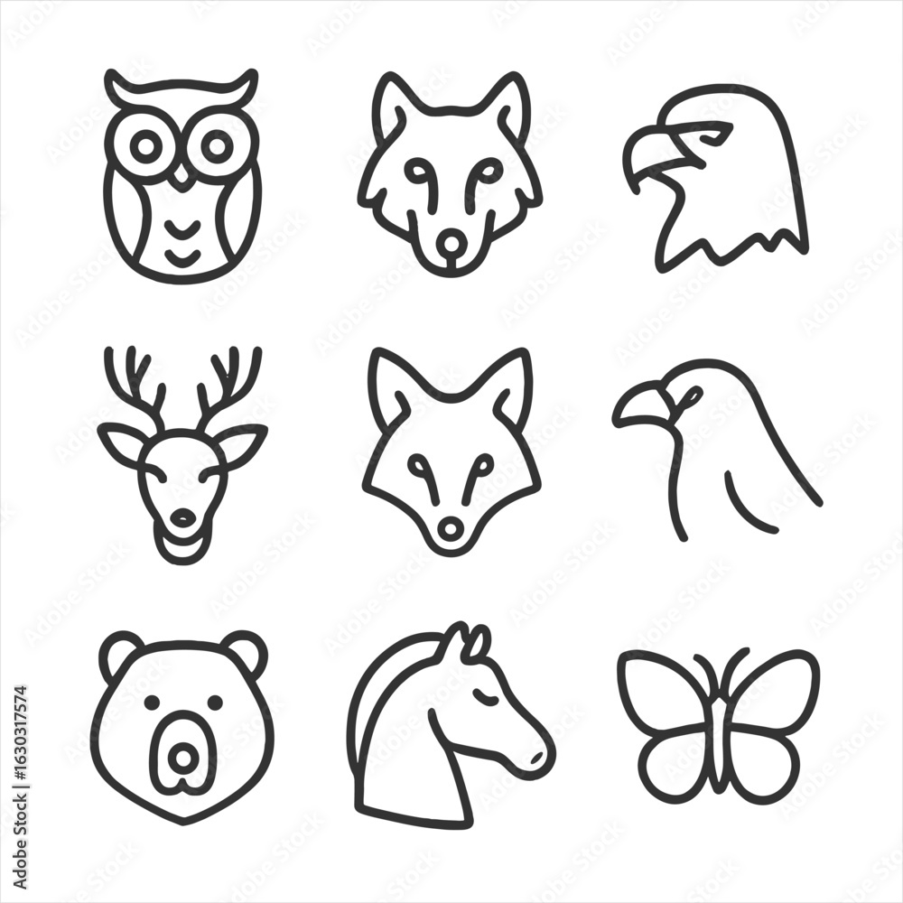 Fototapeta premium Spirit Animal Icons. Outline icon set of spirit animals: owl, wolf, eagle, deer, fox, raven, bear, horse, butterfly. Line icons in