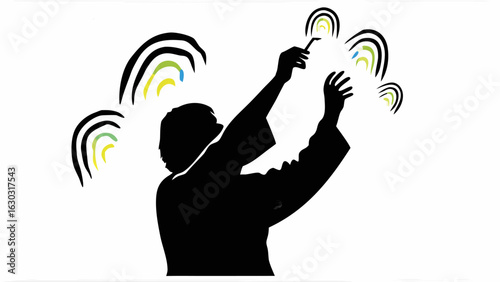Silhouette of a person with raised arms interacting with colorful abstract shapes on a white background