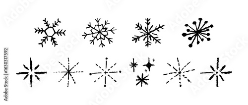 Christmas snowflake set with wax black crayon or charcoal texture. Quirky chalkboard style, perfect for kindergarten Xmas crafts, cards and holiday designs. Vector illustration drawn as if by a child