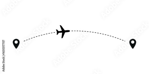 Airplane flying between two location pins on a dotted line