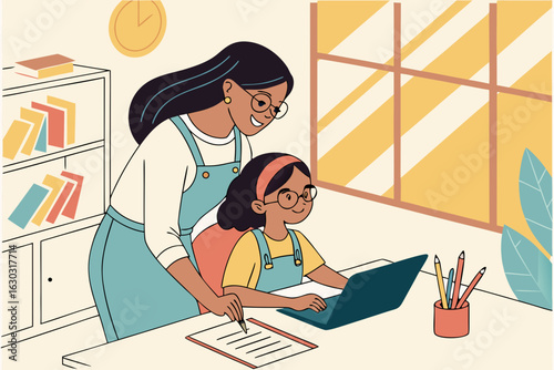 Mom working with kids in a home office—family teamwork, remote work lifestyle, multitasking, and balancing career and parenting in a modern workspace.