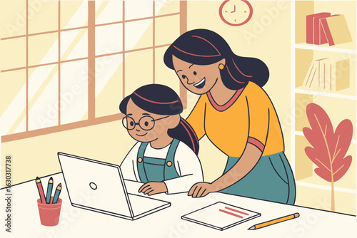 Mom working with kids in a home office—family teamwork, remote work lifestyle, multitasking, and balancing career and parenting in a modern workspace.