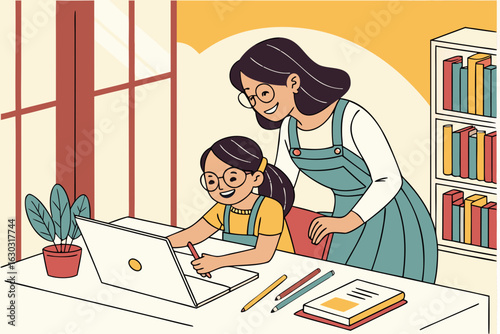 Mom working with kids in a home office—family teamwork, remote work lifestyle, multitasking, and balancing career and parenting in a modern workspace.