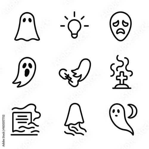 Spiritual Icon Set. Outline icon set of wandering spirits: lost soul, drifting light, sorrow mask, silent scream, broken tether,